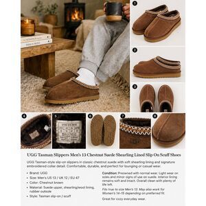 UGG Tasman Slippers Men’s 13 Chestnut Suede Shearling Lined Slip On Scuff Shoes